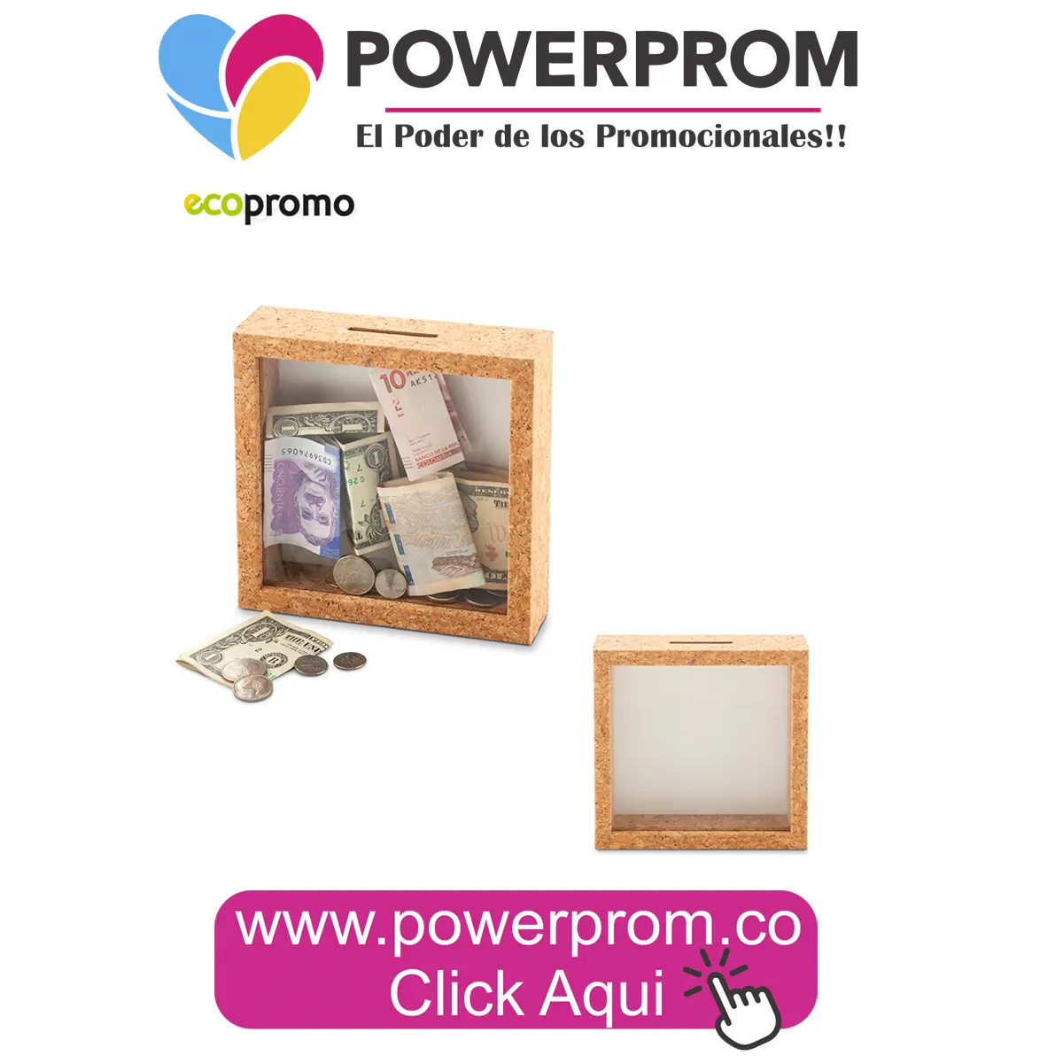 Alcancía Cork ecológica con logo en Bogotá y ciudades principales como Medellín, Cali, Cartagena, Bucaramanga y Pereira.