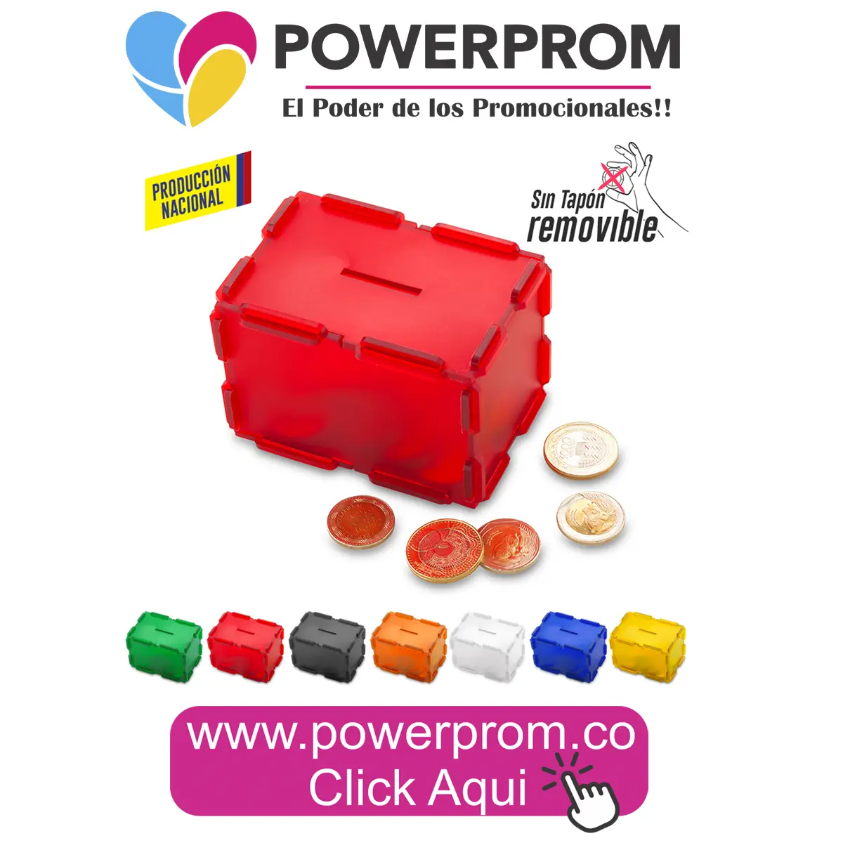 Alcancía Flex personalizada para campañas corporativas en Bogotá (Suba, Engativá, Kennedy, Usaquén) y ciudades como Medellín, Cali, Barranquilla y Cartagena.