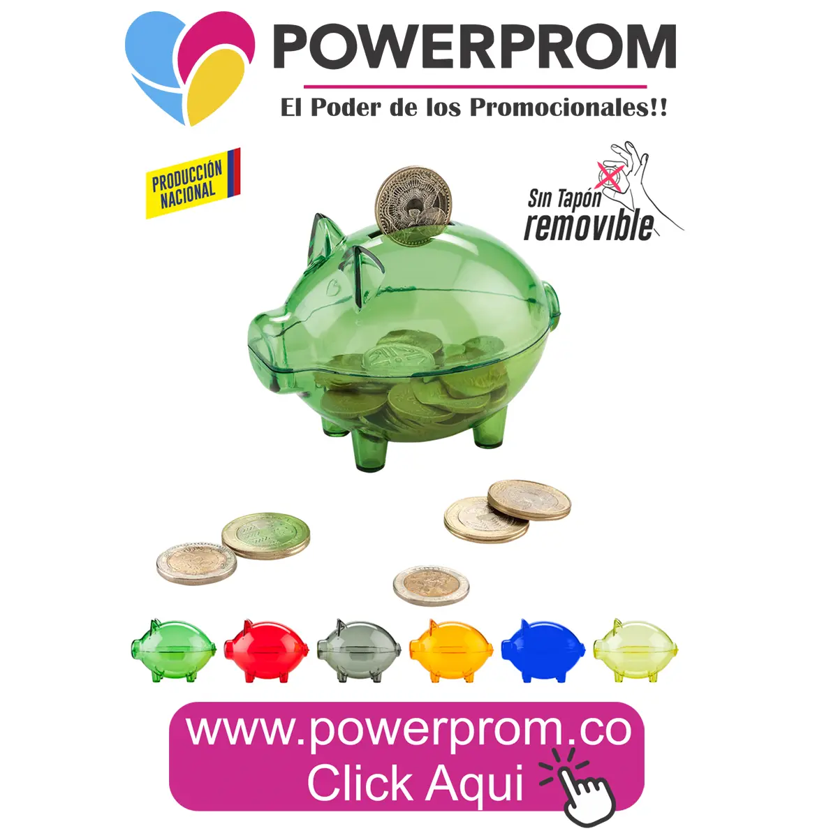 Alcancía mini cerdito cristal personalizada con logo en Bogotá y capitales como Medellín, Cali, Barranquilla y Pereira.