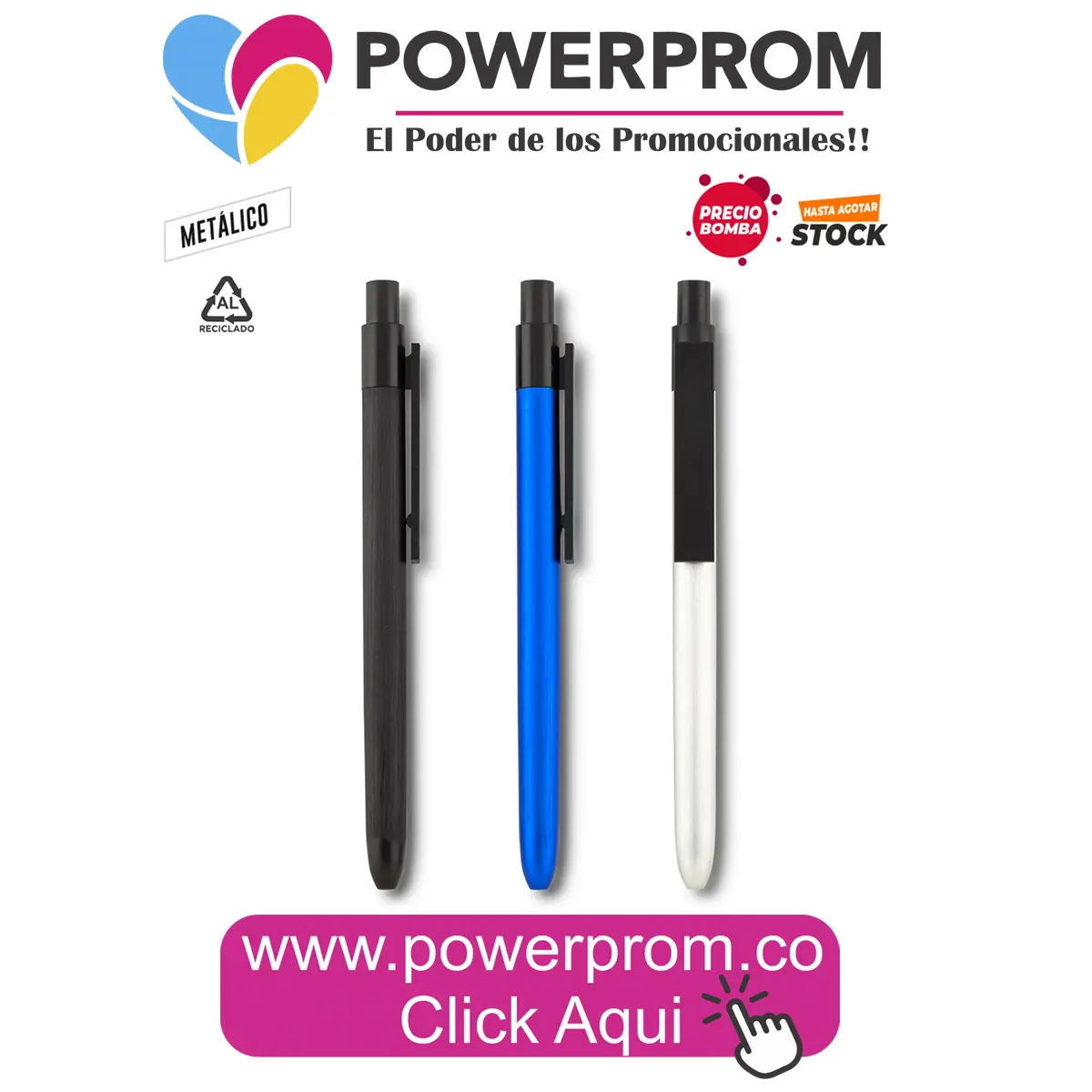 Bolígrafo Keenan metálico con logo grabado, ideal para ejecutivos en Colombia
