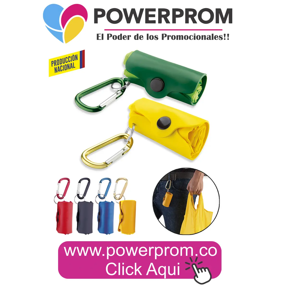 Bolso compacto con carabinero personalizado con logo en Bogotá y ciudades principales.