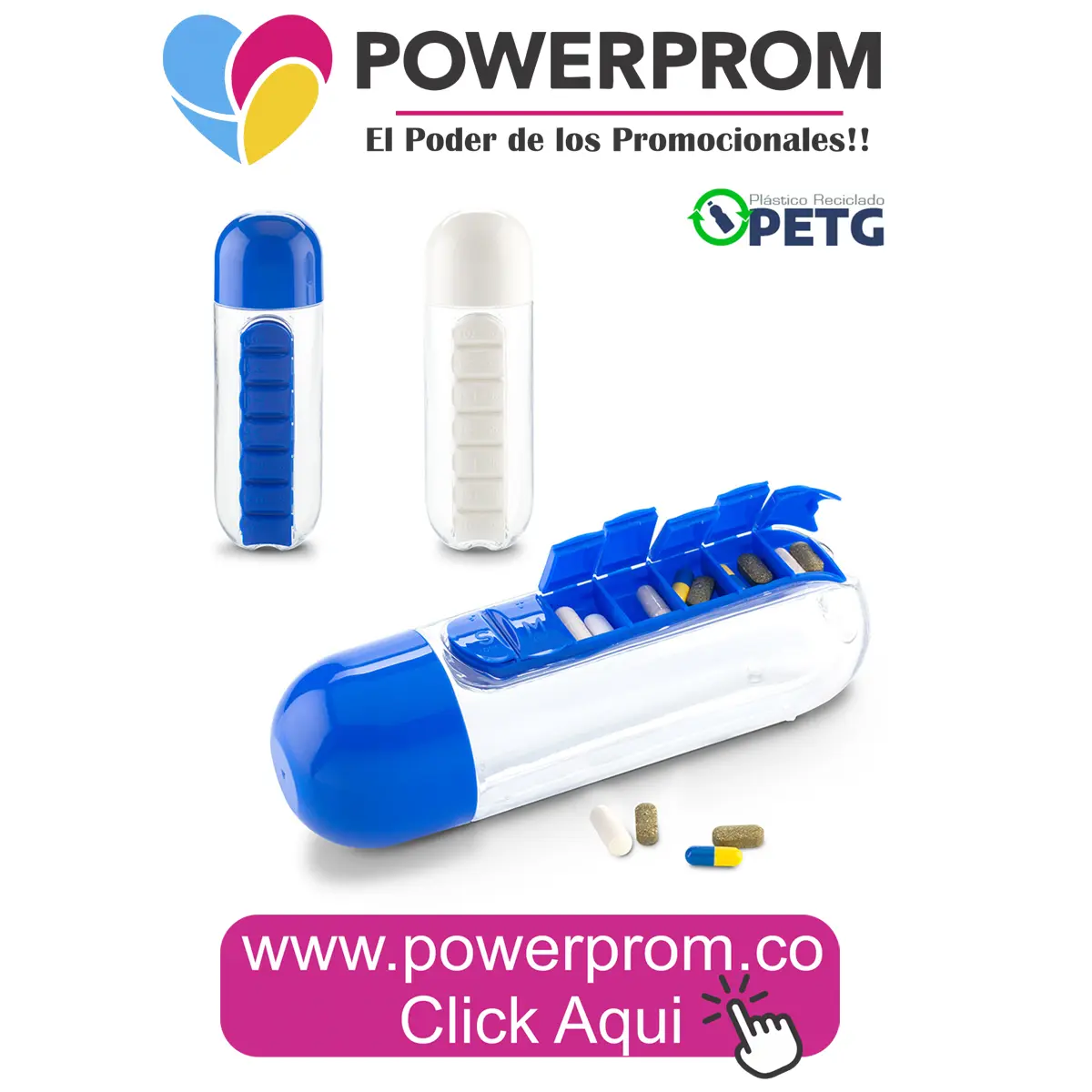 Botilito plástico Pillbox 750 ml personalizado en Bogotá, Cali, Medellín, Cartagena y Barranquilla.
