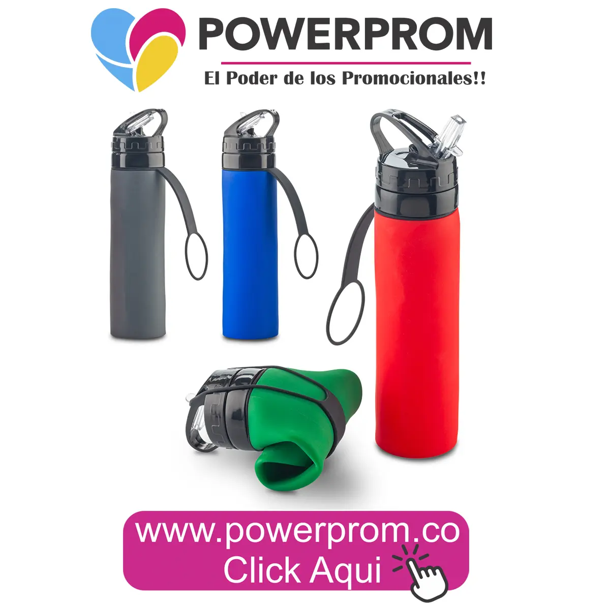 Botellito de silicona Twiggy 600 ml personalizado en Bogotá, Cali, Medellín, Pereira y Cartagena.