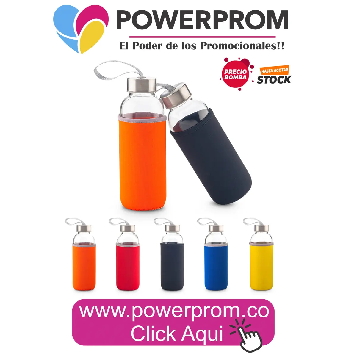 Botilito de vidrio con funda neoprene 450 ml personalizado en Bogotá, Medellín, Cali, Cartagena y Barranquilla.