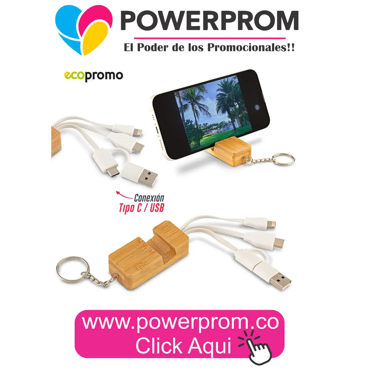Multicable 3 en 1 de bambú con logo