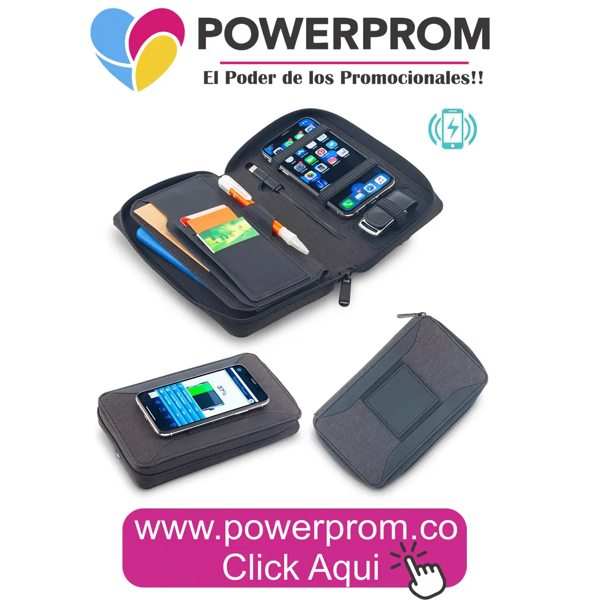 Portadocumentos ejecutivo con cargador Qi y logo