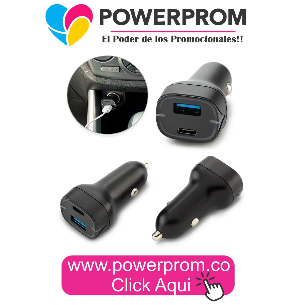 Cargador para carro Dino promocional en Bogotá, Cali, Medellín y Bucaramanga.