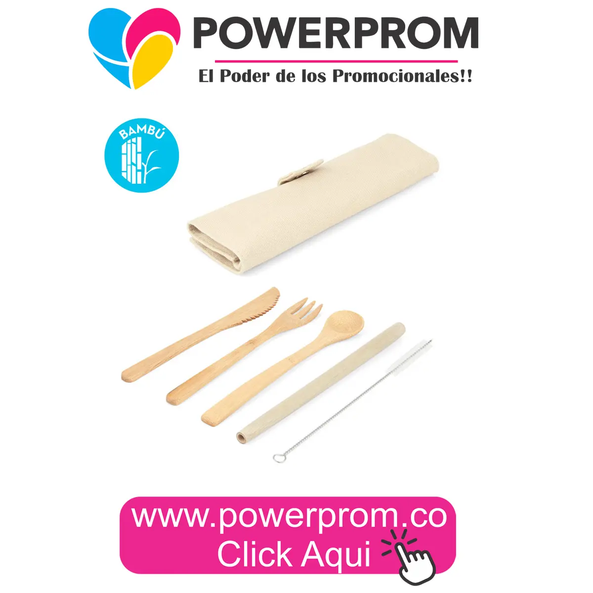 Cubiertos ecológicos de bambú Tunny personalizados en Bogotá, Medellín, Cali, Cartagena y Barranquilla.