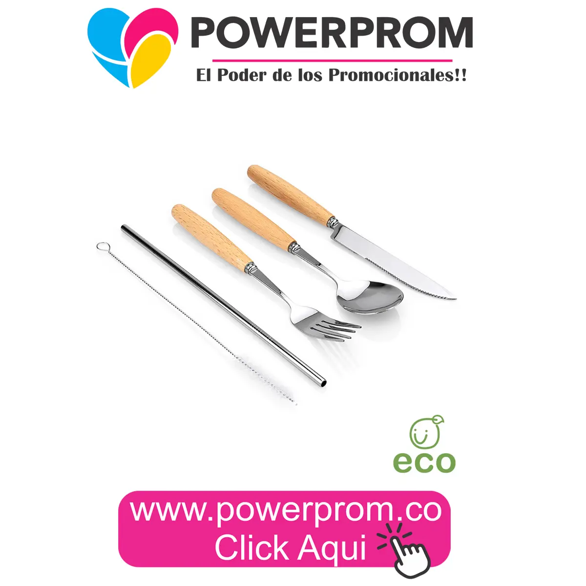 Set de cubiertos de bambú Bella ecológicos personalizados en Bogotá, Medellín, Cali, Cartagena y Barranquilla.