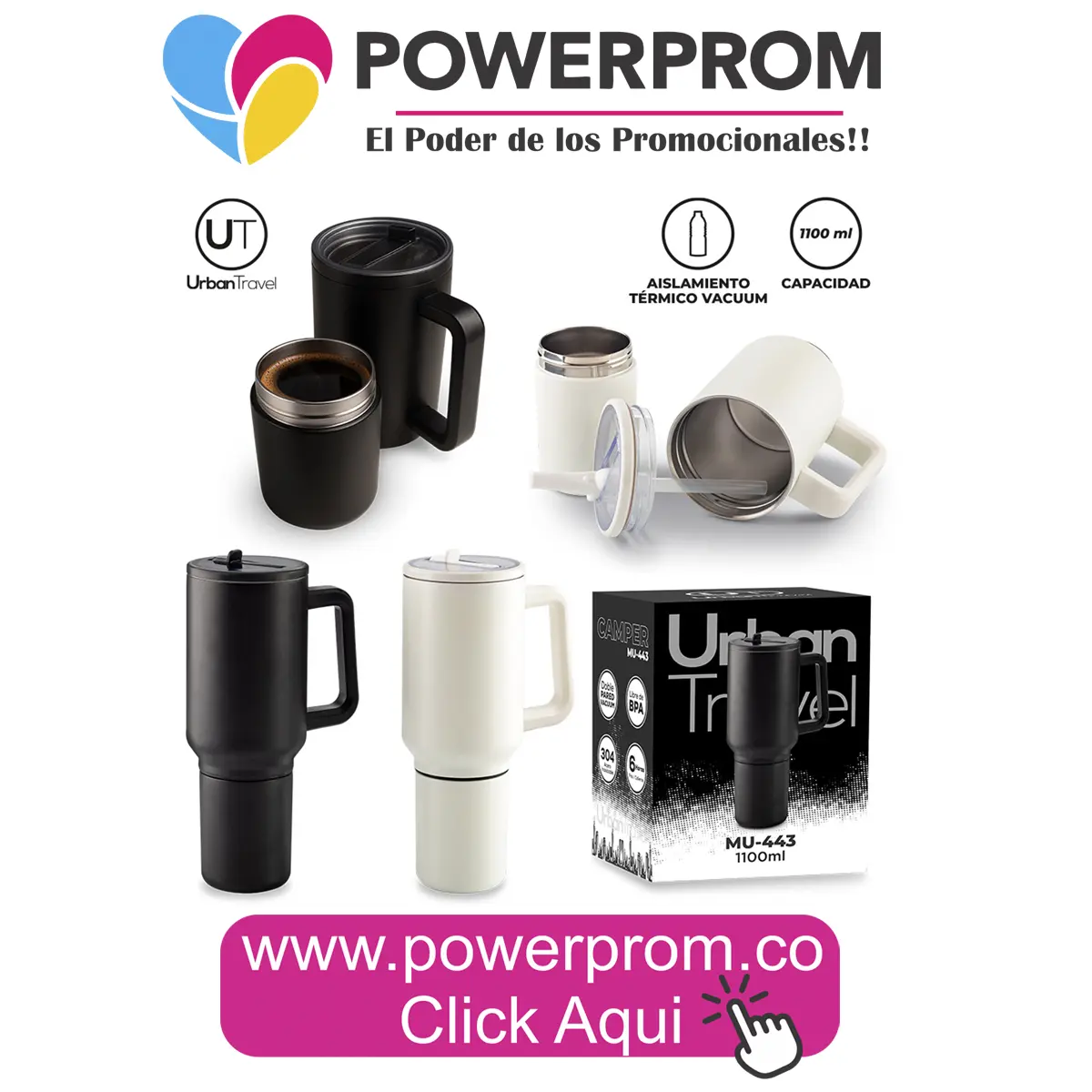 Mug metálico Camper Urban Travel 1100 ml personalizado en Bogotá, Cali, Medellín, Cartagena y Barranquilla.