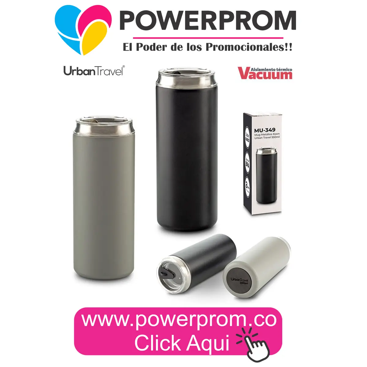 Mug metálico Koen Urban Travel 600 ml personalizado en Bogotá, Medellín, Cali, Cartagena y Bucaramanga.