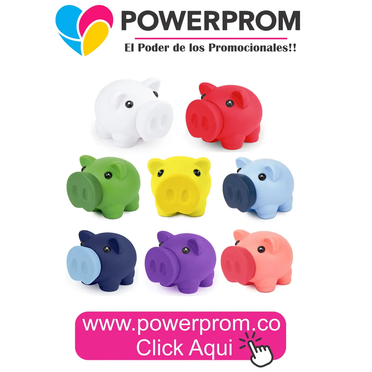 Alcancía Miss Piggy personalizada para publicidad y regalos corporativos en Bogotá, Medellín, Cali y Cartagena.