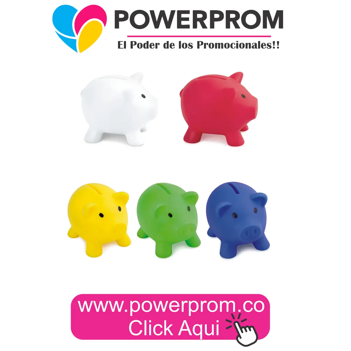 Alcancía Oink personalizada con logo empresarial en Bogotá (Usaquén, Kennedy, Suba, Chapinero) y ciudades como Medellín, Cali, Barranquilla y Bucaramanga.