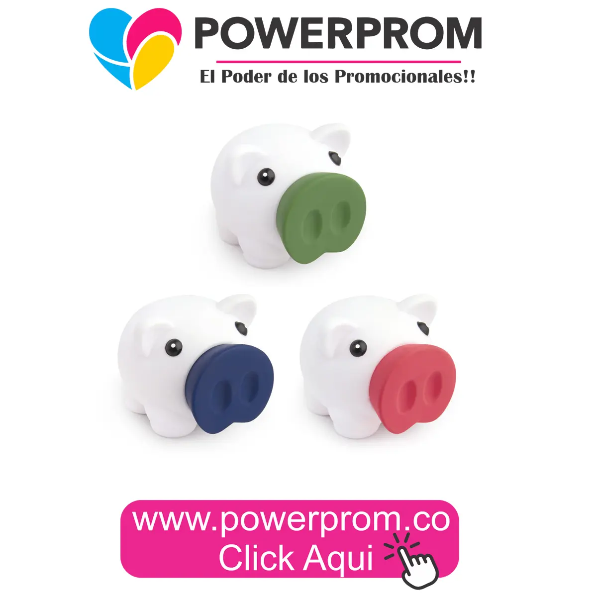 Alcancía Piggy White blanca para publicidad y regalos corporativos en Bogotá y ciudades principales como Medellín, Cali y Cartagena.