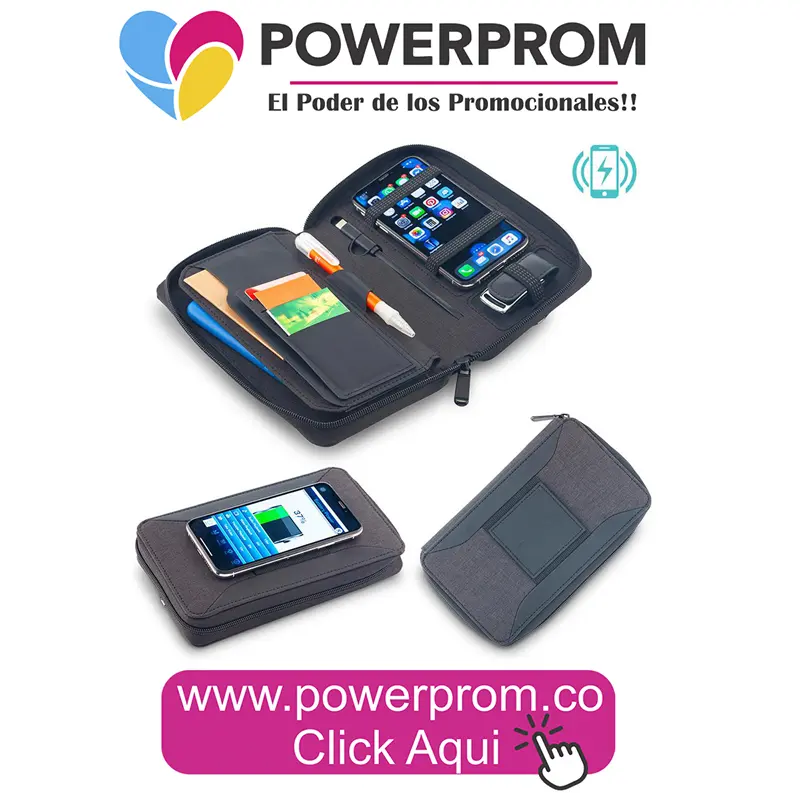 Portadocumentos con cargador inalámbrico personalizado con logo de empresa. Entrega en Bogotá (Usaquén, Chapinero, Suba, Engativá, Fontibón, Kennedy, Bosa, Tunjuelito, San Cristóbal, Teusaquillo, Puente Aranda, Barrios Unidos, Santa Fe, Antonio Nariño, Rafael Uribe Uribe, Ciudad Bolívar, Candelaria, Sumapaz) y ciudades de Colombia (Medellín, Cali, Barranquilla, Bucaramanga, Cartagena, Pereira, Manizales, Cúcuta, Ibagué, Villavicencio, Pasto, Montería, Santa Marta, Armenia, Neiva).