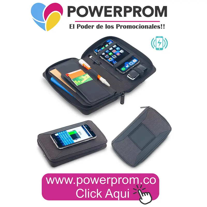 portadocumentos con cargador inalámbrico personalizado con logo en Bogotá (Usaquén, Chapinero, Suba, Engativá, Fontibón, Kennedy, etc.) y ciudades principales de Colombia (Medellín, Cali, Barranquilla, Cartagena, Bucaramanga, Pereira, etc.).