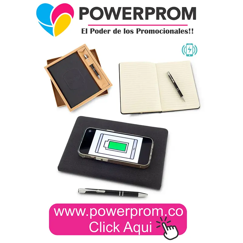 Cargador inalámbrico con libreta y bolígrafo personalizado con logo en Bogotá y ciudades principales de Colombia.