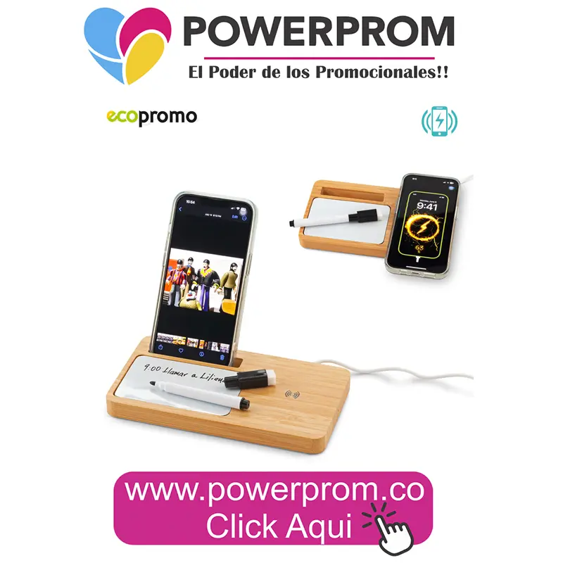 Cargador inalámbrico con tablero ecológico personalizado con logo empresarial en Bogotá y ciudades de Colombia.