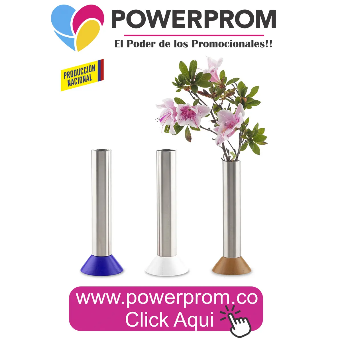 Florero Inox en acero inoxidable personalizado con logo para regalos corporativos en Colombia