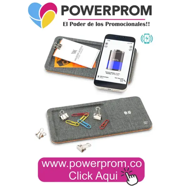 Organizador de escritorio 3 en 1 RPET personalizado con logo PowerProm – regalos corporativos ecológicos Bogotá y principales ciudades de Colombia.