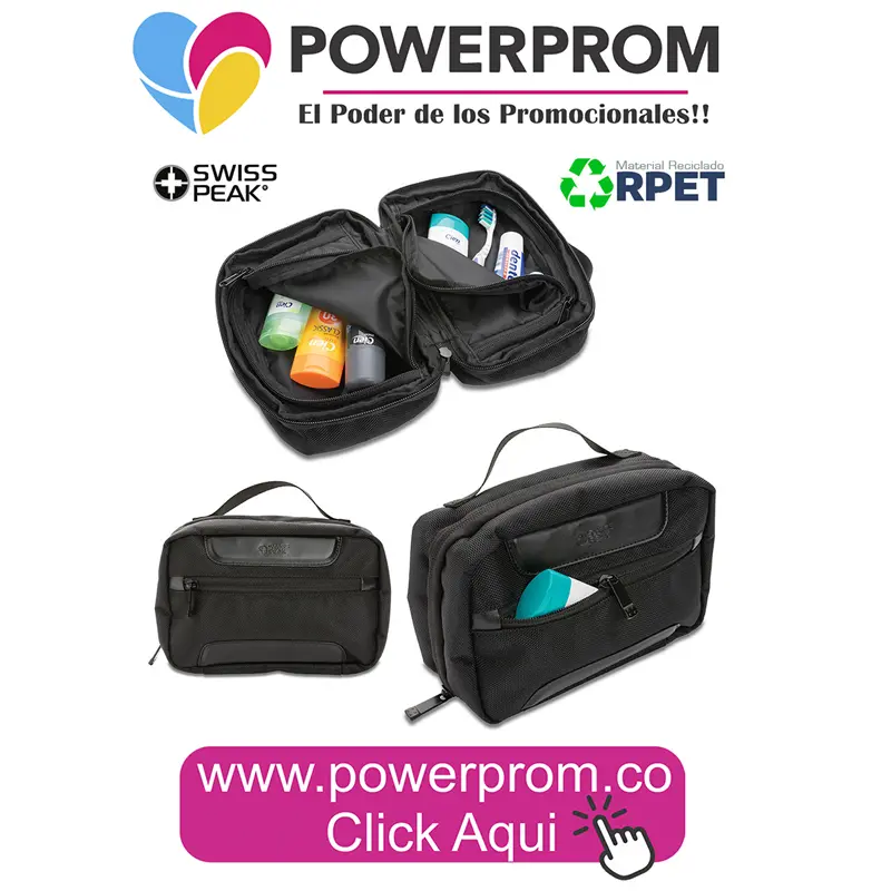 Organizador de viaje Swisspeak RPET ecológico personalizado con logo de empresa. Entrega en Bogotá (Usaquén, Chapinero, Suba, Engativá, Fontibón, Kennedy, Bosa, Tunjuelito, San Cristóbal, Teusaquillo, Puente Aranda, Barrios Unidos, Santa Fe, Antonio Nariño, Rafael Uribe Uribe, Ciudad Bolívar, Candelaria, Sumapaz) y ciudades principales de Colombia.