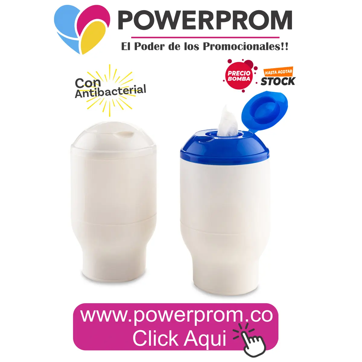 Paños Humedos Antibacterial 60und personalizados para marcas en Colombia