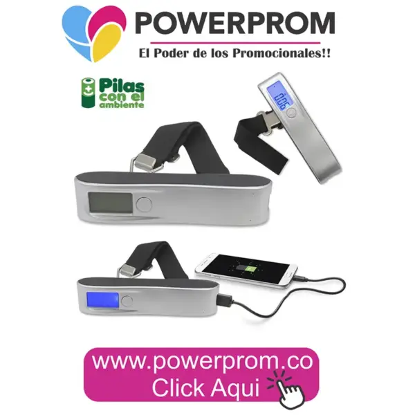 Pila recargable 2600 mAh con pesa de equipaje personalizada PowerProm – regalos corporativos prácticos Bogotá y principales ciudades de Colombia.