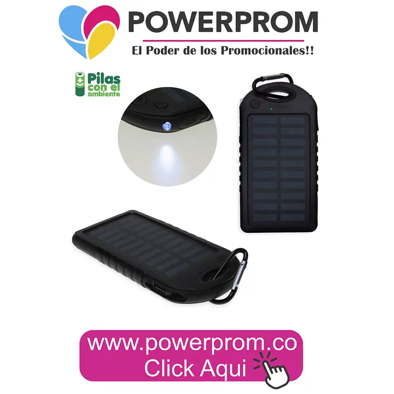 Pila recargable solar 5000 mAh personalizada con logo PowerProm – productos promocionales ecológicos Bogotá (Usaquén, Chapinero, Suba, Engativá, Fontibón, Kennedy, Bosa, Tunjuelito, San Cristóbal, Teusaquillo, Puente Aranda, Barrios Unidos, Santa Fe, Antonio Nariño, Rafael Uribe Uribe, Ciudad Bolívar, Candelaria, Sumapaz) y principales ciudades de Colombia.