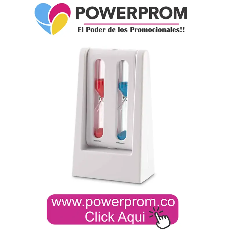 Reloj de arena doble personalizado con logo para escritorio corporativo.