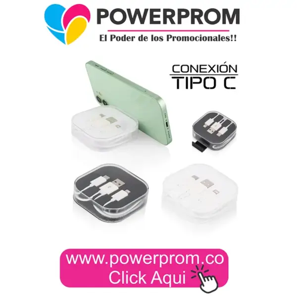 Set de cables Frenzy TE0701 personalizado con logo PowerProm – productos promocionales tecnológicos Bogotá (Usaquén, Chapinero, Suba, Engativá, Fontibón, Kennedy, Bosa, Tunjuelito, San Cristóbal, Teusaquillo, Puente Aranda, Barrios Unidos, Santa Fe, Antonio Nariño, Rafael Uribe Uribe, Ciudad Bolívar, Candelaria, Sumapaz) y principales ciudades de Colombia.