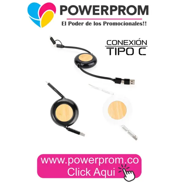 Set de cables Chop TE0703 personalizado con logo PowerProm – productos promocionales tecnológicos Bogotá y principales ciudades de Colombia.