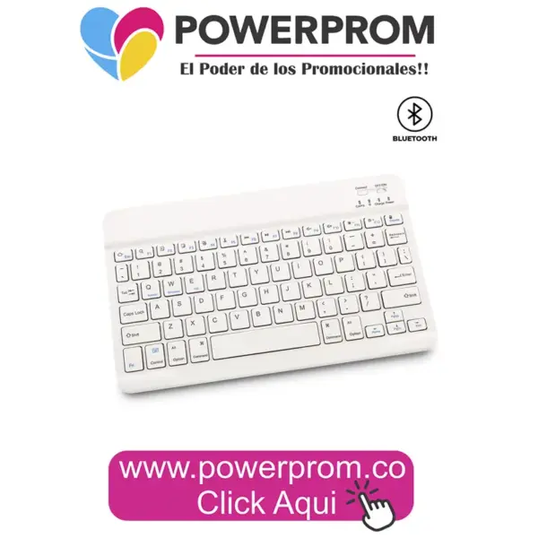 Teclado Bluetooth Orbi personalizado con logo PowerProm – productos promocionales tecnológicos Bogotá (Usaquén, Chapinero, Suba, Engativá, Fontibón, Kennedy, Bosa, Tunjuelito, San Cristóbal, Teusaquillo, Puente Aranda, Barrios Unidos, Santa Fe, Antonio Nariño, Rafael Uribe Uribe, Ciudad Bolívar, Candelaria, Sumapaz) y principales ciudades de Colombia.