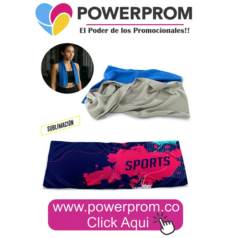 Toalla Cooltech personalizada con logo PowerProm Bogotá y principales ciudades de Colombia