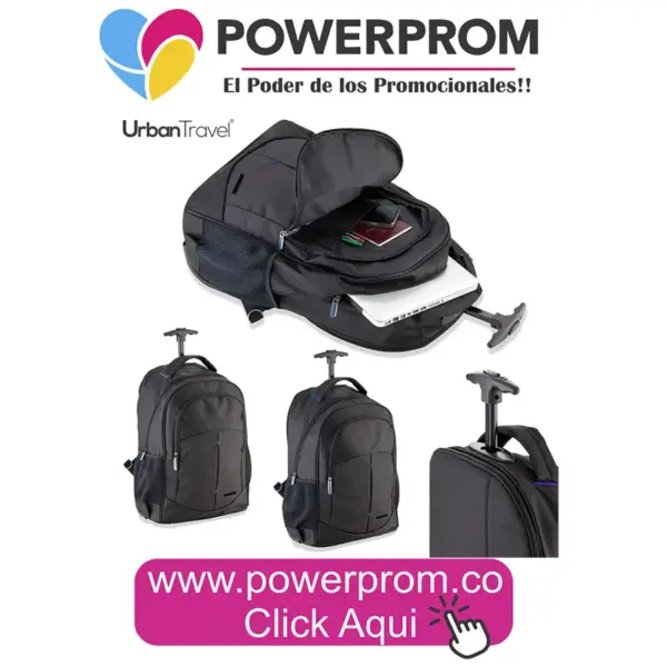 Trolley morral ejecutivo Backpack Urban Travel personalizado con logo empresarial, entregas en Bogotá (Usaquén, Chapinero, Suba, Engativá, Fontibón, Kennedy, Bosa, Tunjuelito, San Cristóbal, Teusaquillo, Puente Aranda, Barrios Unidos, Santa Fe, Antonio Nariño, Rafael Uribe Uribe, Ciudad Bolívar, Candelaria, Sumapaz) y en ciudades de Colombia como Medellín, Cali, Barranquilla, Bucaramanga, Cartagena, Pereira, Manizales, Cúcuta, Ibagué, Villavicencio, Pasto, Montería, Santa Marta, Armenia y Neiva.