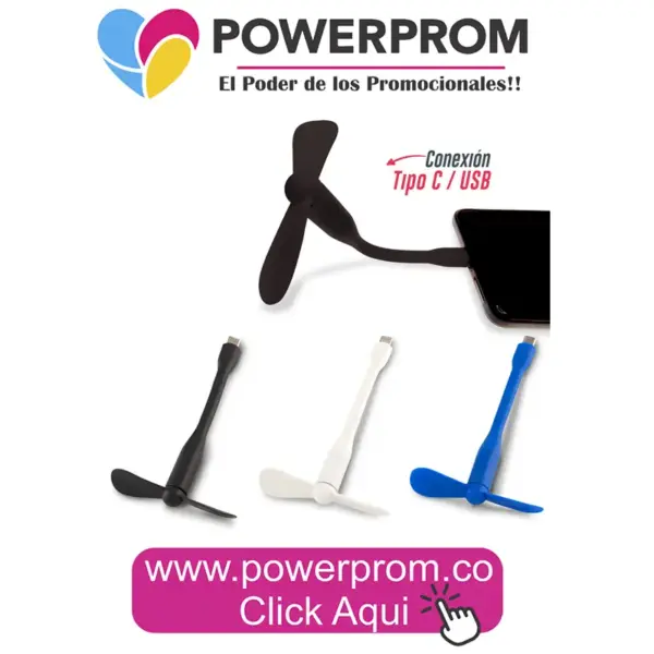 Ventilador portátil Tipo C personalizado con logo PowerProm – regalos corporativos tecnológicos Bogotá (Usaquén, Chapinero, Suba, Engativá, Fontibón, Kennedy, Bosa, Tunjuelito, San Cristóbal, Teusaquillo, Puente Aranda, Barrios Unidos, Santa Fe, Antonio Nariño, Rafael Uribe Uribe, Ciudad Bolívar, Candelaria, Sumapaz) y principales ciudades de Colombia.
